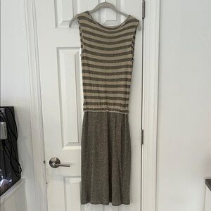 L'AGENCE Beige and Black Striped Midi Dress